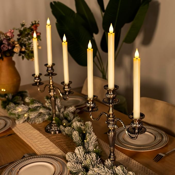 Homemory 12 Pcs Waxy Flameless Taper Candles with Remote, Flickering Battery Operated Taper Candles, Led Flameless Candlesticks Classic Tall Candle for Home, Wedding, Party, Ivory, 9.6 inches