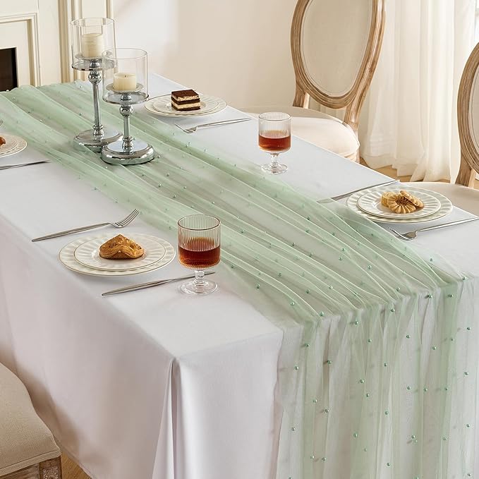 Fanami 6 Pack Pearl Table Runner -10FT Sage Green Boho Tulle Table Runners 120 Inches Long Rustic Sheer Lace Fabric Centerpieces for Wedding Arch Birthday Party Bridal Veil Baby Shower Decorations