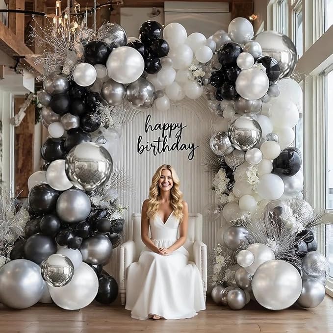 Black White Balloon Garland Arch Double Stuffed Pearl White Black Silver Balloons Different Size Balloons Set for Christmas New Year Birthday Anniversary Wedding Halloween Party Decorations