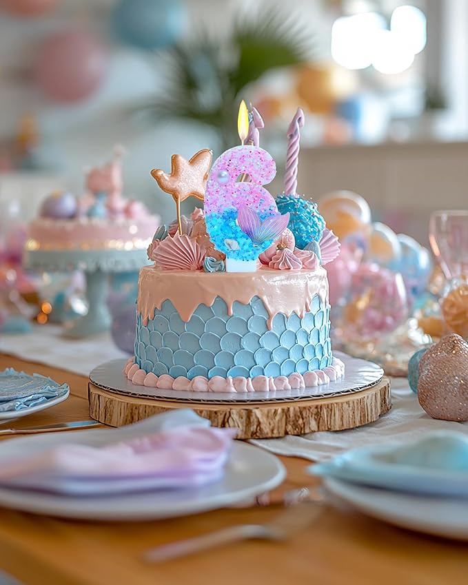 Mermaid Themed Birthday Candles, Number 6 Girls Glitter Birthday Party Supplies,Anniversary Party Decor,2.87 inch Cake Topper Decorations (Mermaid Themed, Number 6)