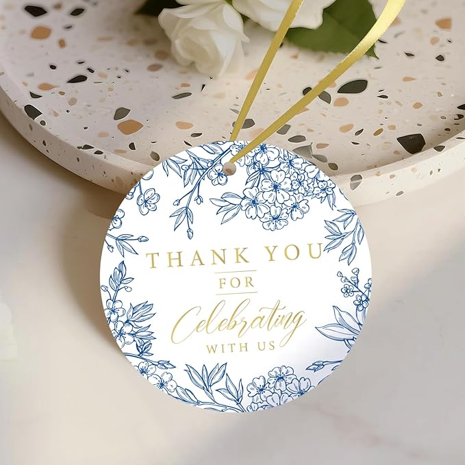 50PCS Thank You Gift Tags, 2x2 inch Blue Floral Personalized Gift Tags with String for Wedding Birthdays Party Favors Baby Shower Bridal Shower
