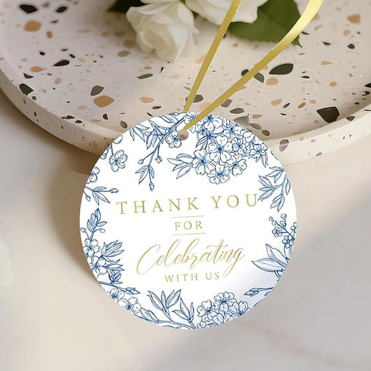 50PCS Thank You Gift Tags, 2x2 inch Blue Floral Personalized Gift Tags with String for Wedding Birthdays Party Favors Baby Shower Bridal Shower