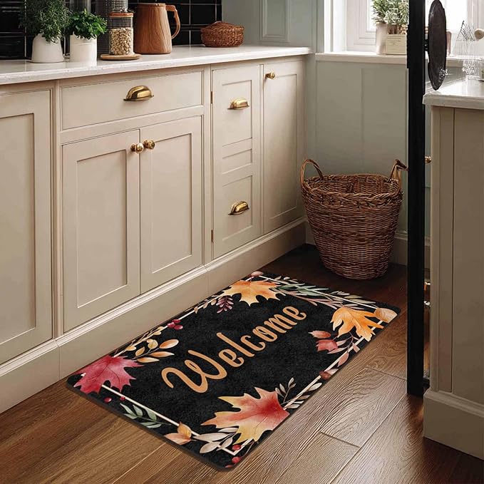 Fall Welcome Maple Leafs Decorative Door Mat, Autumn Thanksgiving Doormat for Indoor Outdoor Entrance Floor Mats,Fall Pumpkins Non Slip Harvest Vintage Decor Rubber Welcome Mats 16" x 24" Inch