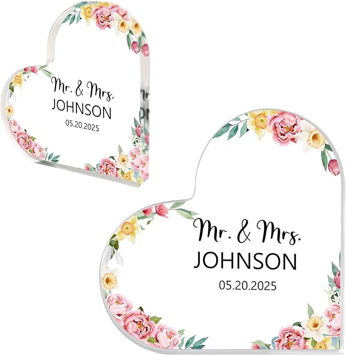 Custom Wedding Heart Acrylic Plaque,Mr & Mrs Cake Topper,Personalized Wedding Keepsake/Gift/Sign (Style 10)