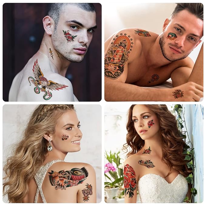 77 Sheets Temporary Tattoo for Women and Men, 17 Sheets Half Arm Chest Shoulder Fake Tattoos, 60 sheets Tiny for Adults Vintage Multi Colored Mixed Style Waterproof Realistic Tattoos Long-Lasting