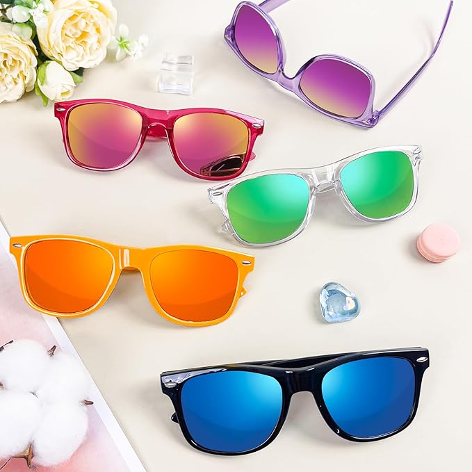 SUNOVELTIES 12/24 Pack Neon Party Sunglasses Mirrored/Jelly Lens Bulk Glasses Horn Rimmed Eyewear for Men Women