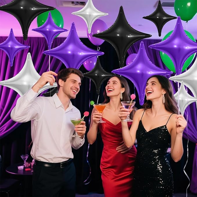 Black Purple Silver Star Balloons,12Pcs Four Angle Star Foil Balloons,26Inch and 10Inch Black Silver Quadrangle Helium Balloon for Halloween Birthday Baby Shower Anniversary Party Decorations