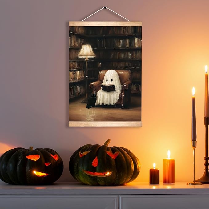 HEYJEEPER Ghost Reading in Library Wall Art,14x18.5inch Gothic Halloween Linen Canvas Poster and Black Cat Print, Vintage Dark Aesthetic Decor for Library,Study,or Witch's Bedroom(BLK01)