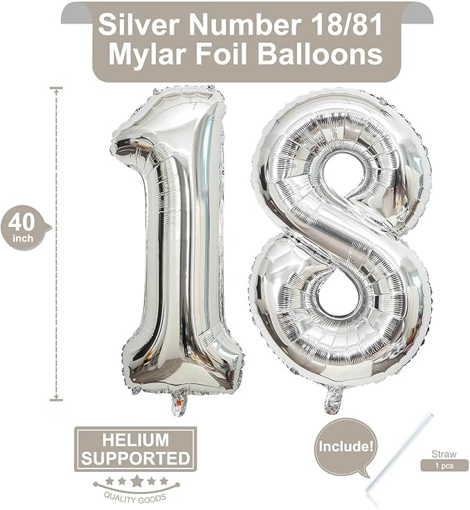 40 Inch Silver 18 Number Balloons Giant 18 Balloons Silver Birthday 18 Balloons 18th Birthday Anniversary Party Decorations Supplies