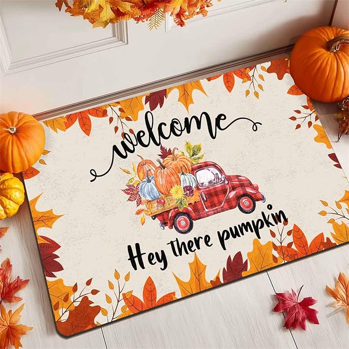 InterestPrint Happy-Thanksgiving Door Mat, Vintage Fall Truck Decor for Covered Outdoor Area Pumpkin Welcome Mat for Autumn Halloween Thanksgiving Farmhouse Decor