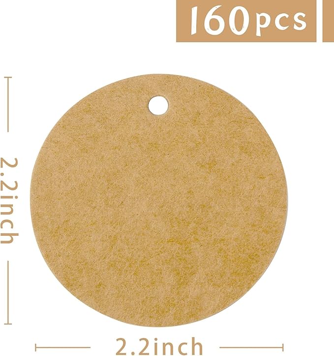 SallyFashion 160PCS Gift Tags with String Attached, Round Brown Gift Tags 2.2x2.2 inch Circle Kraft for Clothing, Gift, Cupcake Party Favors DIY Crafts