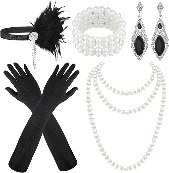 Maitys 1920s Accessories Set for Women Flapper Costume Feather Headband Necklace Bracelet Earrings