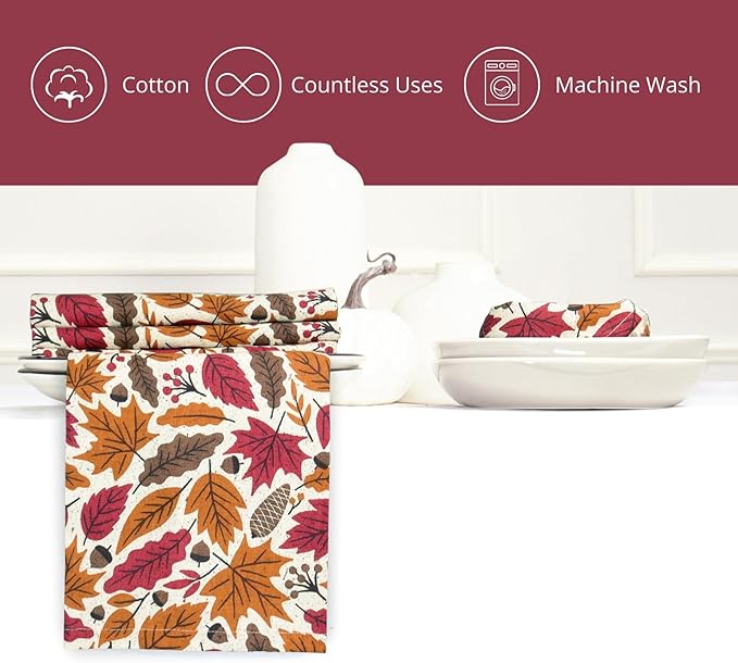 PurpleEssences Fall Harvest Decor Thanksgiving Napkins, 18x18 Fall Cloth Napkins Set of 6, 100% Cotton Autumn Leaves Dinner Napkins for Farmhouse Kitchen, Fall Garden