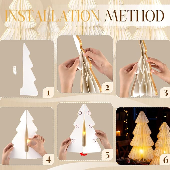 Christmas Table Decorations Indoor, 5 Pcs Large White Honeycomb Paper Christmas Trees, Vintage Light Up Table Centerpieces for Xmas Winter Wonderland Holiday Party Weddings Home Decor, 12/14/16 Inch