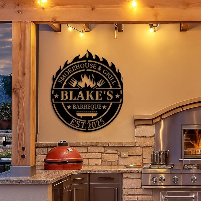 Custom BBQ Metal Sign, Personalized Smokehouse and Grill Barbeque Plaque with Fire and Utensils Design, Outdoor Patio Yard Wall Decor for Barbecue Lovers, Rustic BBQ Gift for Birthday Christmas