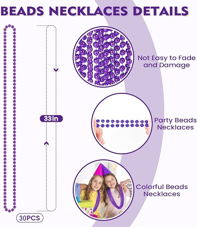 SHAOQINLIN 30 PCS Purple Mardi Gras Beads, Purple Beads Necklaces 33" Metallic Beaded Costume Necklaces Party Necklaces for Halloween Mardi Gras Parade Throws Wedding Birthday Party Favors