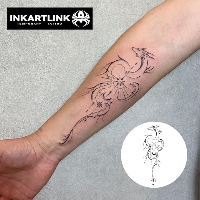 INKARTLINK Tattoo Tech, 2 Sheets Medium Semi Permanent Tattoo, Adult Art Design Temporary Tattoos, Lasts 1-2 Weeks, Waterproof, Realistic Look, No Adhesive, No Reflection (Elf Dragon Design)