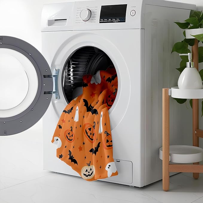 Halloween Flannel Throw Blanket – Ghost, Bat & Pumpkin Pattern – Orange Festive Blanket for Couch or Bed, W50 x L70in