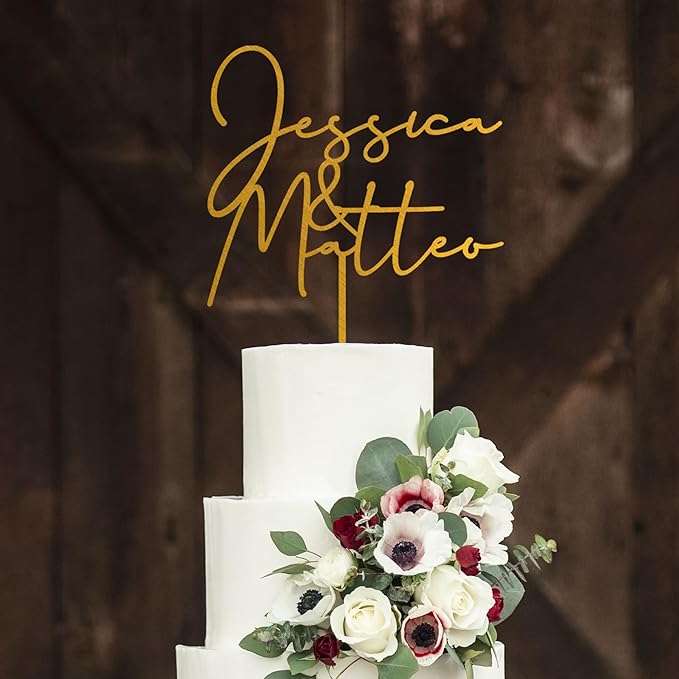 Noni Luxury Personalized Wedding Cake Topper with date and heart, Rustic Cake Topper, Mr and Mrs Cake Toppers for Wedding, Custom Cake topper, Custom Couples Script Cake Topper for Weddings