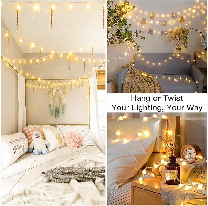 suddus Globe String Lights Bedroom, 50 Led Fairy Lights Plug in, Indoor String Lights for Classroom, Christmas, Backyard, Patio, Garden, Party, Bedroom, Living Room,Wall, Warm White