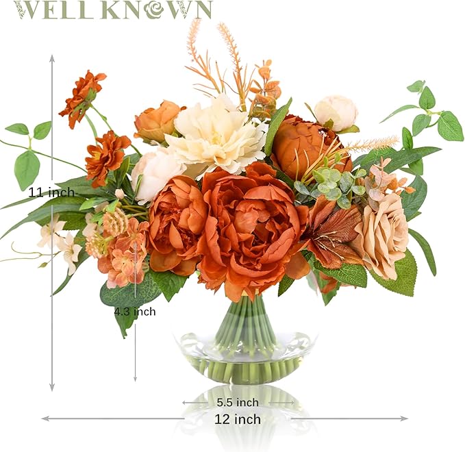 Artificial Flowers in Vase, WELL KNOWN Silk Rose Peony Flower Bouquet Table Centerpieces with Faux Water for Fall Home, Fake Flower Arrangement for Seasonal Party Decor (Burnt Orange & Champagne Plus)