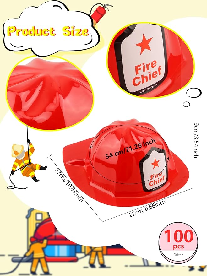 100 Pack Kids Firefighter Hats Children Fire Helmet Fireman Cosplay Hats for Dress up Firefighter Halloween Costume