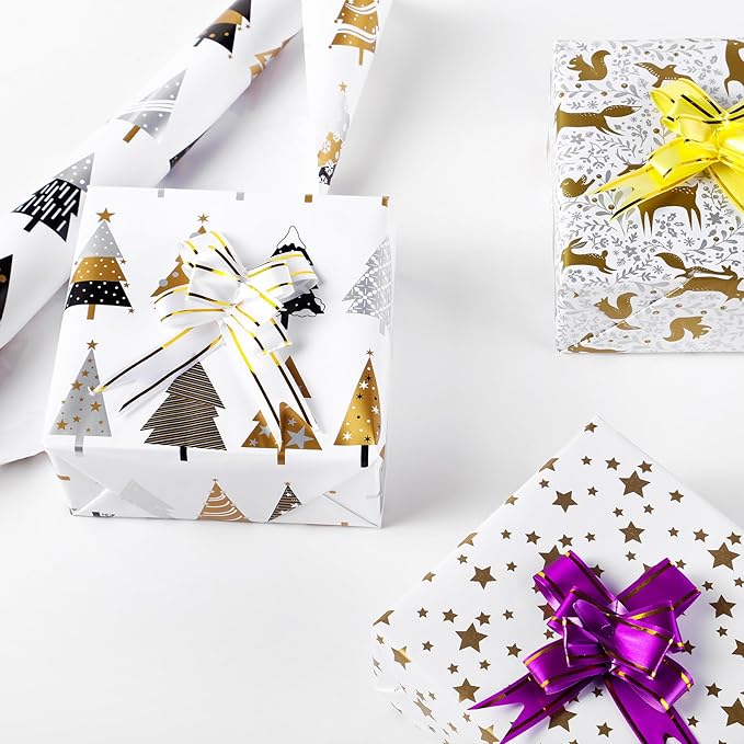 Miss DuiDui Christmas Gift Wrapping Paper, 3 Rolls, 17 inch x 9.8 feet, Gold Stars Animals Trees Xmas Design for Christmas, Party, Holiday, Kids Boys Girls, Baby Shower