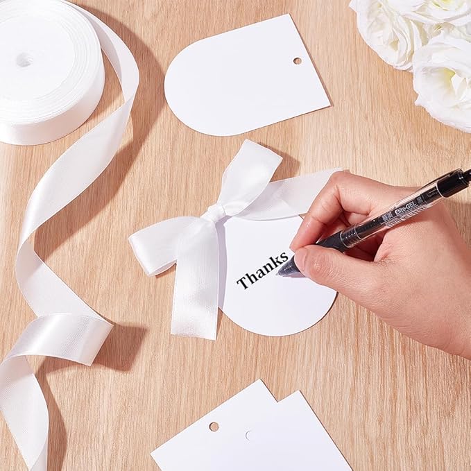 WADORN 100 Pack Wedding Place Cards with Bow Ribbon, DIY Wedding Placecards Sets with 3.5x2.7 Inch Blank Writable Arch Name Table Cards and 25 Yards Ribbon for Weddings Thank You Party Supplies