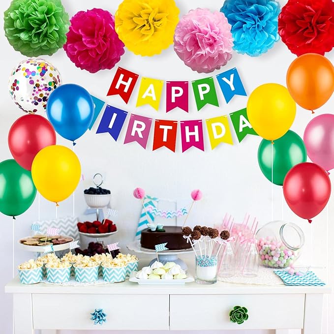 Colorful Party Decorations Kit - Happy Birthday Banner, Spiral Charm, Paper Flower Ball, Latex Balloons and Confetti Balloons for Boys and Girls Party Supplies