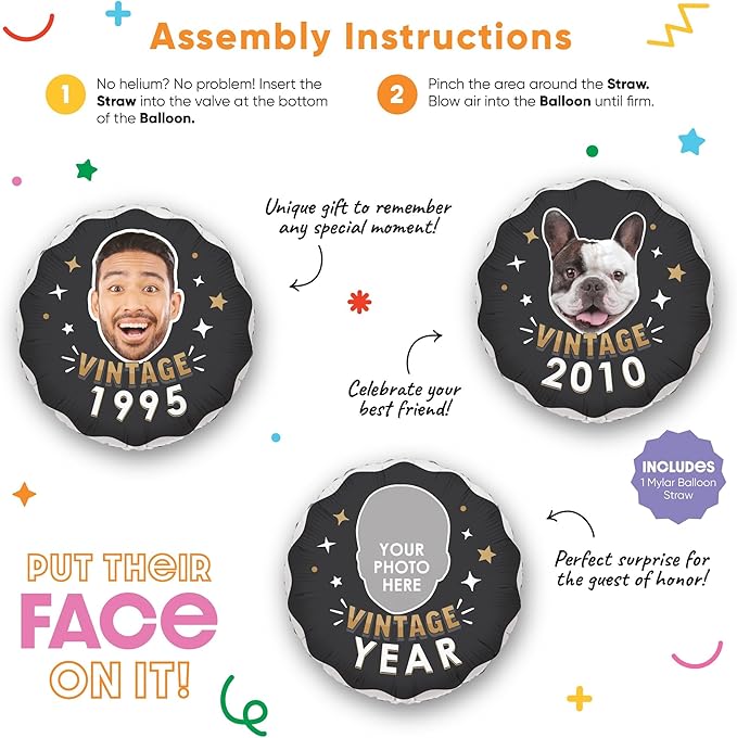 Big Dot of Happiness Personalized Vintage Birthday Photo Balloon, Custom Fun Face Cutout Head, Milestone Birth Year, Black & Gold Party Decoration, Double-Sided Mylar Balloon, 1 Piece