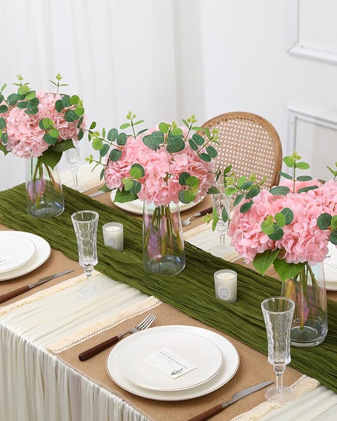 Tifuly Fake Hydrangea Artificial Flowers with Vase 4pcs Real Touch Faux Hydrangea with 3pcs Eucalyptus Stems for Wedding Centerpiece Home Party Table Decoration（Pink）