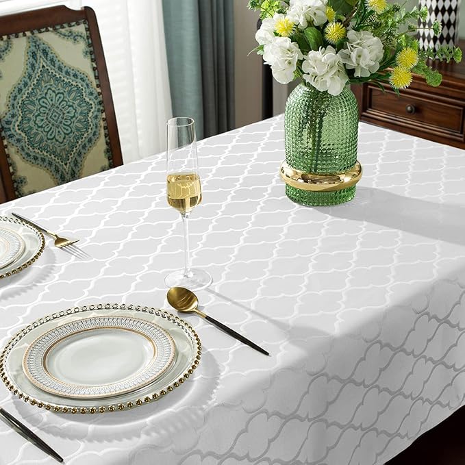 SASTYBALE Jacquard Tablecloth Flower Patterns Polyester Table Cloth Spill Proof Wrinkle Resistant Table Cover for Kitchen Dining Tabletop (White, Rectangle/Oblong, 60" x 102" (8-10 Seats))