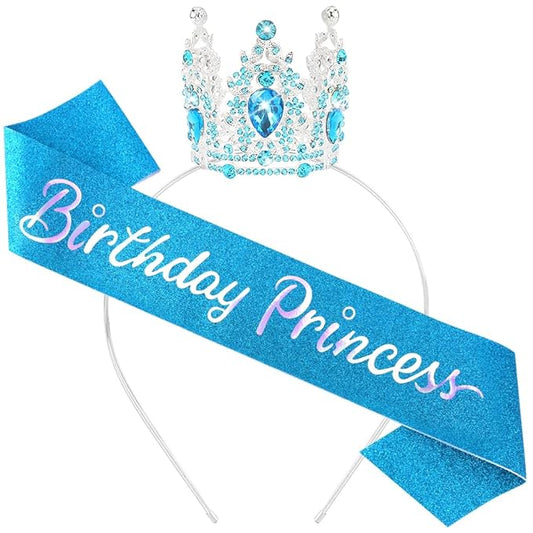 Birthday Princess Sash for Women Tiara & Crowns Headbands for Girls Happy Birthday Party Accessories Favor Supllies Leona Blue Silver Pink, 2 Pack