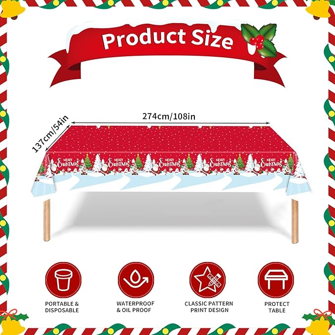 4 Pcs Christmas Tablecloth Plastic Disposable 54x108 Inch Vinyl Christmas Red Blue Table Cloth Snowflake Merry Christmas Rectangle Table Cover Party Decorations Decorations