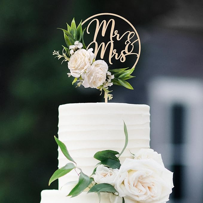 Mr & Mrs Wedding Cake Topper with 3D Artificial White Flowers and Green Leaves Wooden Cake Decoration for Wedding 3D White Roses