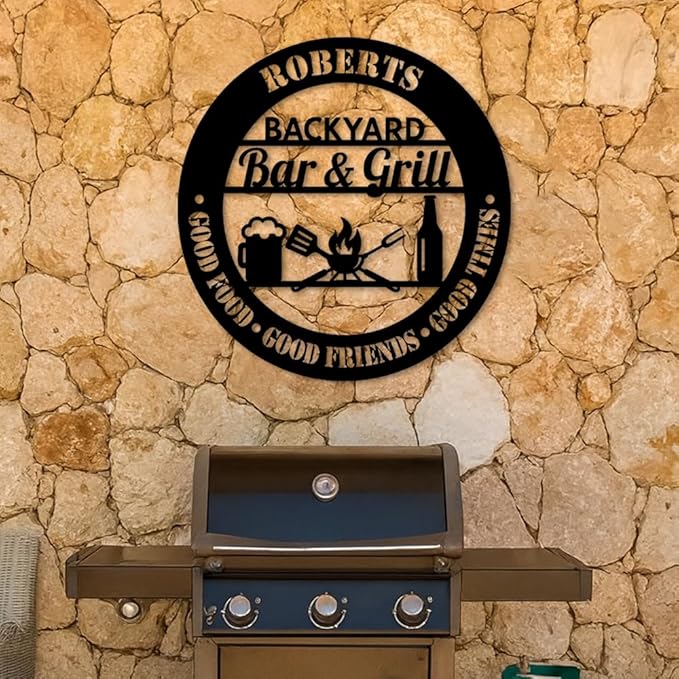 Custom Backyard Bar and Grill Metal Sign, Personalized Outdoor Patio Plaque with Beer and BBQ Design, Rustic Wall Art for Home Bar or Garden, Gift Idea for Birthday, Christmas, Holiday Parties
