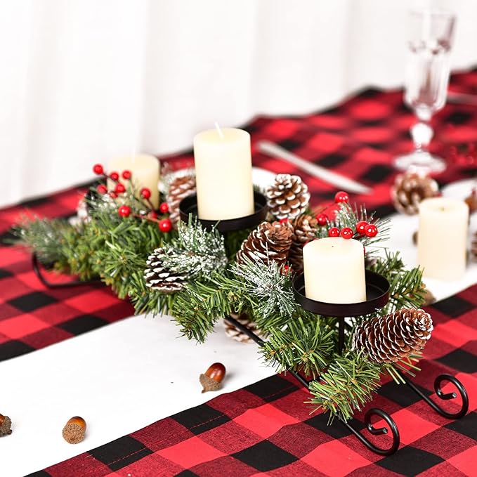 DearHouse Christmas Candle Holder Centerpiece,Pine Cones and Red Berry Table Centerpiece with 3 Candle Holders Table Accent Centerpiece for Festival Home Decoration 20"x10"x6.1"(L x W x H)