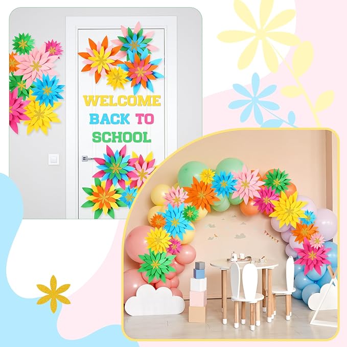 18 Pcs Mexican Paper Flowers Decor for Wall DIY Paper Fiesta Bulletin Board 3D Colorful Mexican Backdrop Decoration for Classroom Back to School Carnival and Holiday Party(Star-Shaped,Rainbow)
