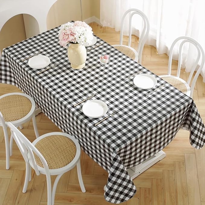 Buffalo Plaid Vinyl Tablecloth with Flannel Backing Rectangle 60 x 102 Inch, Dust & Stain Resistant Checkered Table Cloth, Heavy Table Cover for Dining, Party, Indoor, Outdoor, Black and White