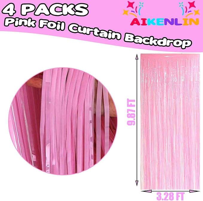4 Pack Macaron Pink Foil Fringe Curtain Backdrop, 3.2Ft x 9.8Ft Metallic Tinsel Foil Fringe Streamers Curtains for Party, Photo Booth Prop, Birthday, Wedding, Christmas Party Decoration Supplies