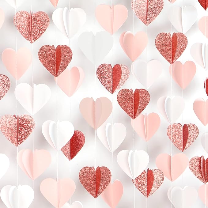 Rose-Gold Pink White 3D-Heart Garland - 39Ft Party Decorations Hanging Paper Streamers Banner,Engagement Wedding Bachelorette Baby Bridal Shower Decor Ouruola
