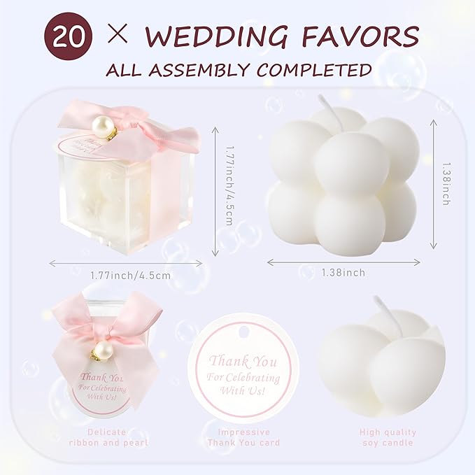 20 Pcs Small Bubble Candles Elegant Party Favors Bulk Set with Decorative Ribbons Thank You Cards for Bridal Shower Guest Gifts (20, Pink)