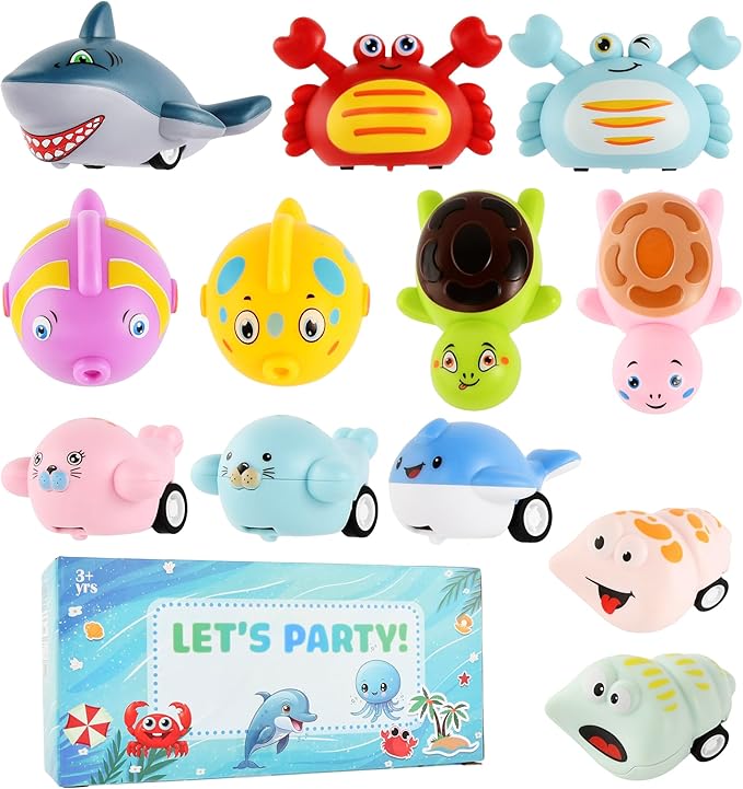 Small Pull Back Toy Cars Set,12 PCS Mini Racing Vehicles for Holiday Birthday Party Favors,Goodie Bag Stuffers,Classroom Prizes,Bulk Toys for Kids (Shark,Crab,Clownfish,Turtle,Dolphin,Sea Lion,Snail)