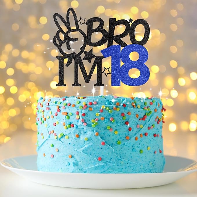 Bro I'm 18 Cake Topper, 18th Birthday Decorations for Boy, Glitter Funny 18th Birthday Cake Topper, Bro 18 Year Old Birthday Party Decoration Supplies