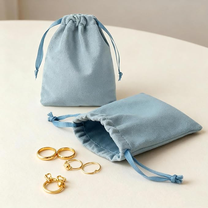QIANF 12pcs Dusty Blue Velvet Drawstring Bags 3x4 inches Small Velvet Cloth Gift Bags Jewelry Pouches for Storage Wedding Party Favor Christmas