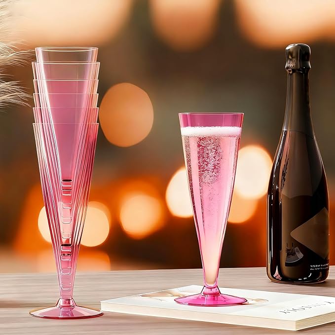 40 Pack Pink Plastic Champagne Flutes Disposable Champagne Glasses, 4.5 Oz Clear Mimosa Glasses Bulk Cocktail Toasting Cups for Party Supplies Wedding Bride Bar, Copas De Plastico Para Brindis