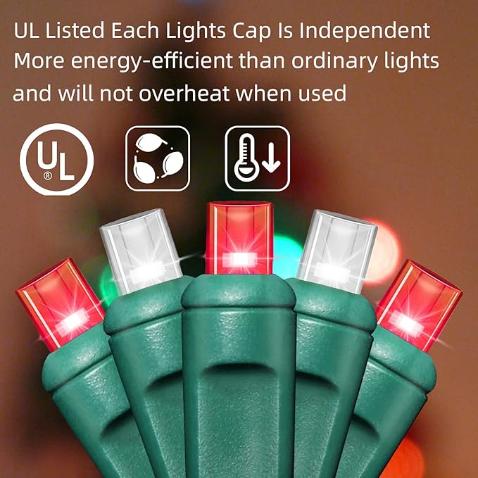 LAMPHOME 200LED (4pk of 50L) String Lights, LED Christmas Lights, 6" SPACING,Green Wire,Red and White