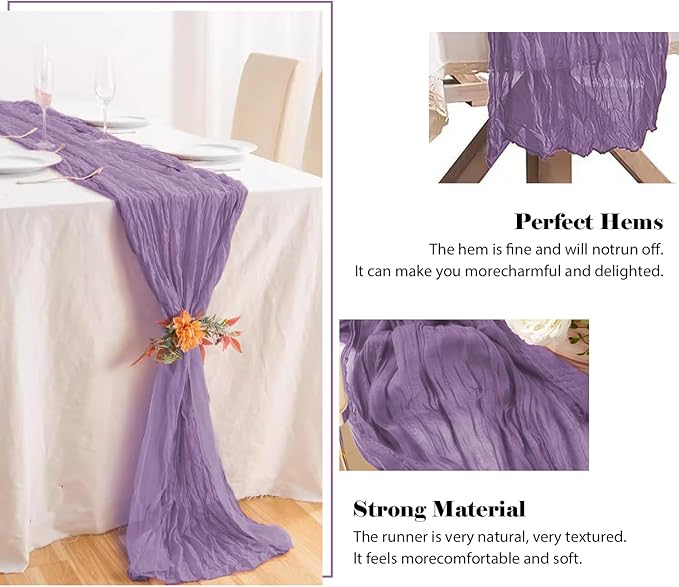 6 Pack 10 Ft Cheesecloth Table Runner Purple Gauze Long Table Runners Boho Gauze Cheese Cloth Table Runner Rustic Sheer Runner for Wedding Party Table Decor ( 35 x 120 Inch )