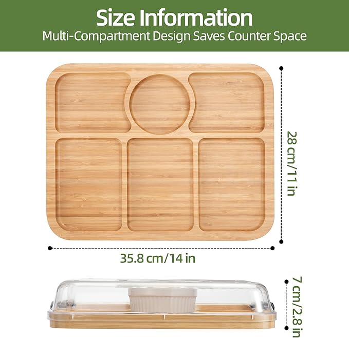 YANG Charcuterie Board with Lid, Divided Bamboo Serving Tray with Handle & Locking Lid, Portable Serving Platter for Party Outdoor Picnics Camping Gift Ready (6 Compartments,Rectangular)