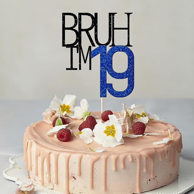 Bruh I'm 19 Cake Topper - Bro I'm 19, Happy Sweet 19 Ornament for Boys' 19th Birthday Party Supplies (blue 19)